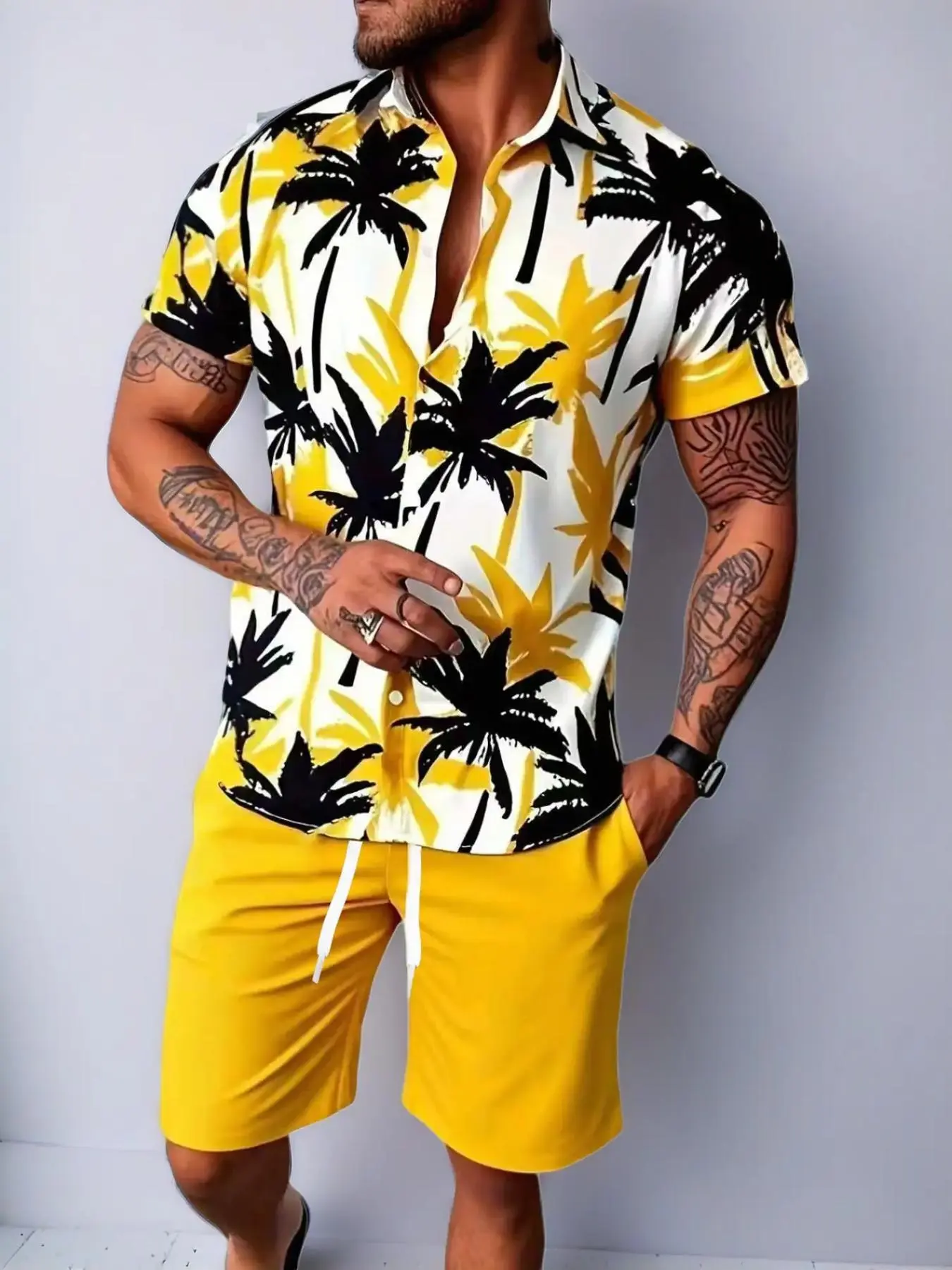Two-Piece Matching Shirt Set with Drawstring Waist, Short Sleeve Boho Style, Aesthetic Coconut Tree Print, Tropical Summer Men's Comfortable Top