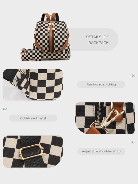Checkerboard Pattern Backpack Set, Women'S Fashionable Vintage Trendy Casual Large Capacity Zipper Travel Backpack & Wristlet, Multifunctional Bag Set For Daily Use