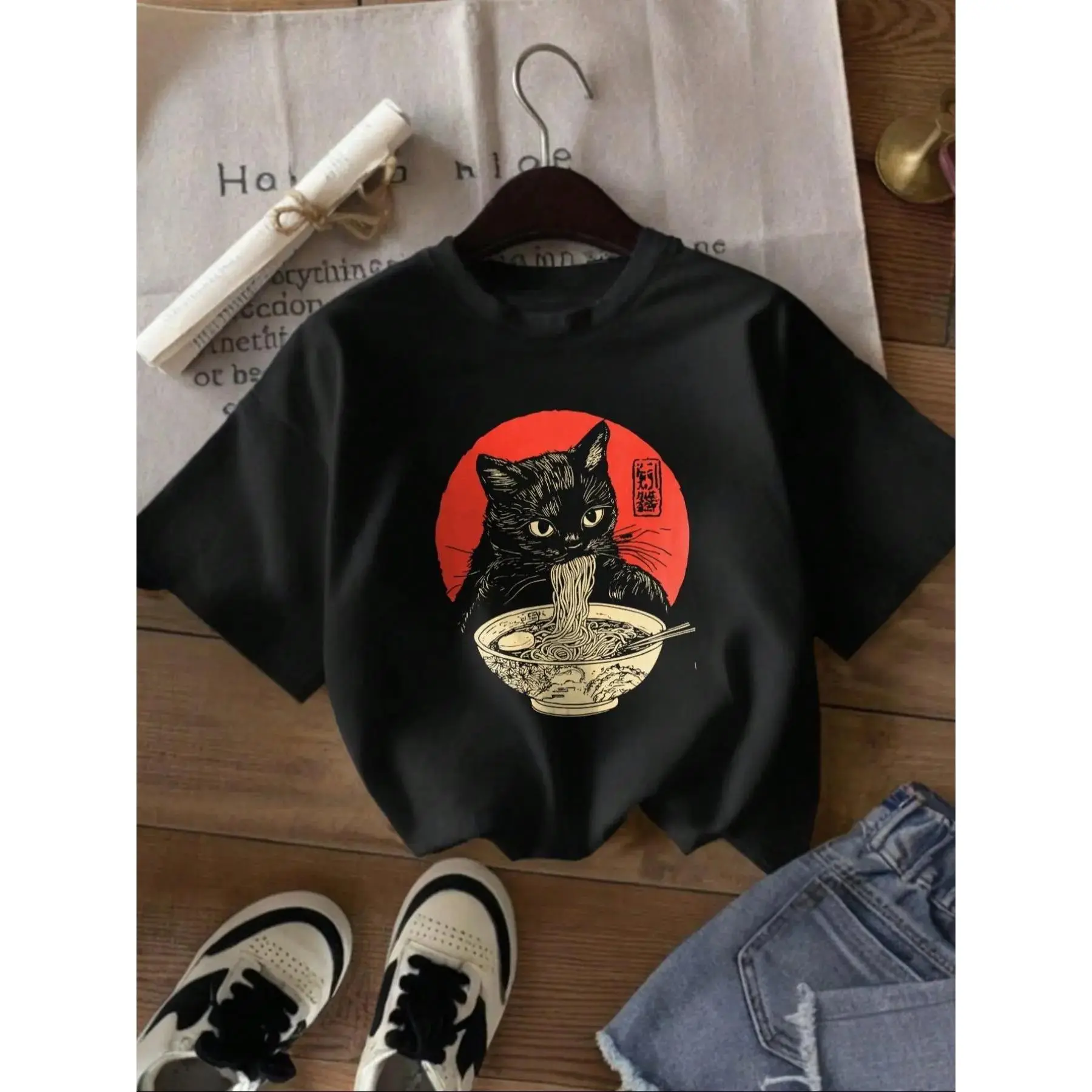 Women's Cat & Bowl Print Round Neck Tee, Vintage Trendy Casual Short Sleeve T-shirt for Daily Wear, Ladies Summer, Top