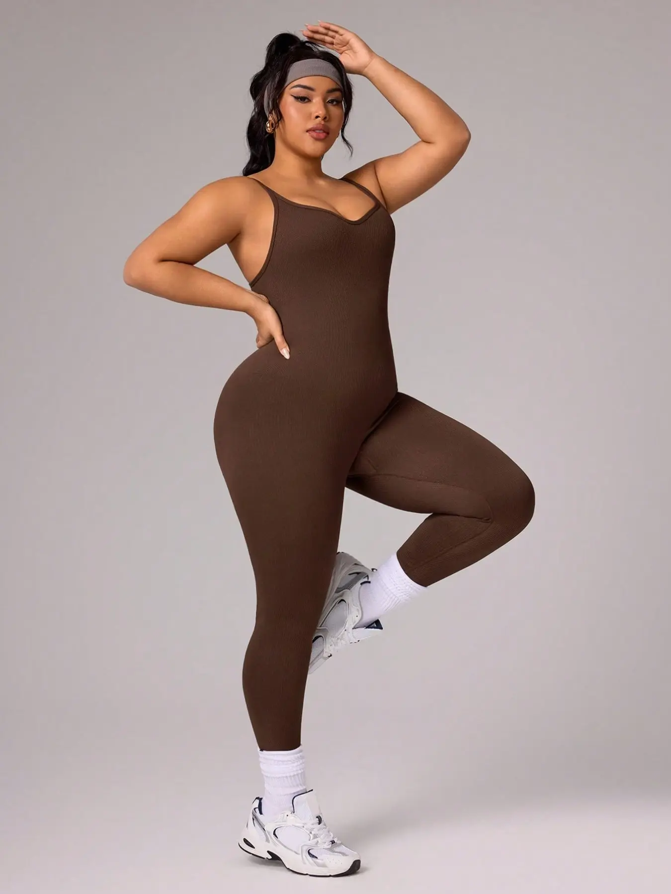 Curvy Figure Hugging Yoga Onesie Plus Size Seamless Ribbed Gym Bodysuit Low Back Adjustable Straps Sport Workout Jumpsuit Yoga Jumpsuits