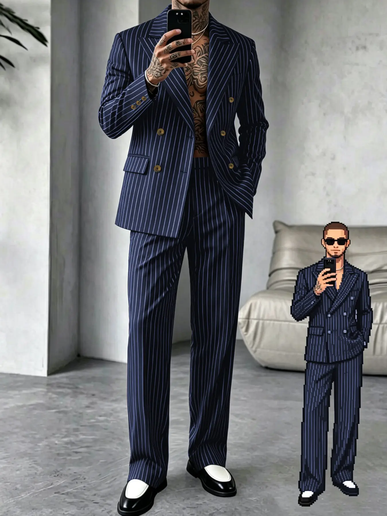 Men's Business Suit Wedding Striped Blazer Set, Double-Breasted Notch Lapel Jacket + Pants, Daily Commute, Groom Dress, Evening Event