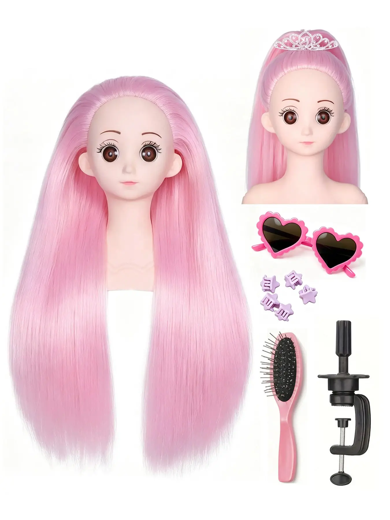 Mannequin Head with Hair, Doll Head for Hair Styling Training Head Manikin Practice Cosmetology Styling Hairdressing Training Braiding Heads with Clamp Holder, Head Styling Doll Girls Kids Head for Makeup and Hair Salon Doll Toy