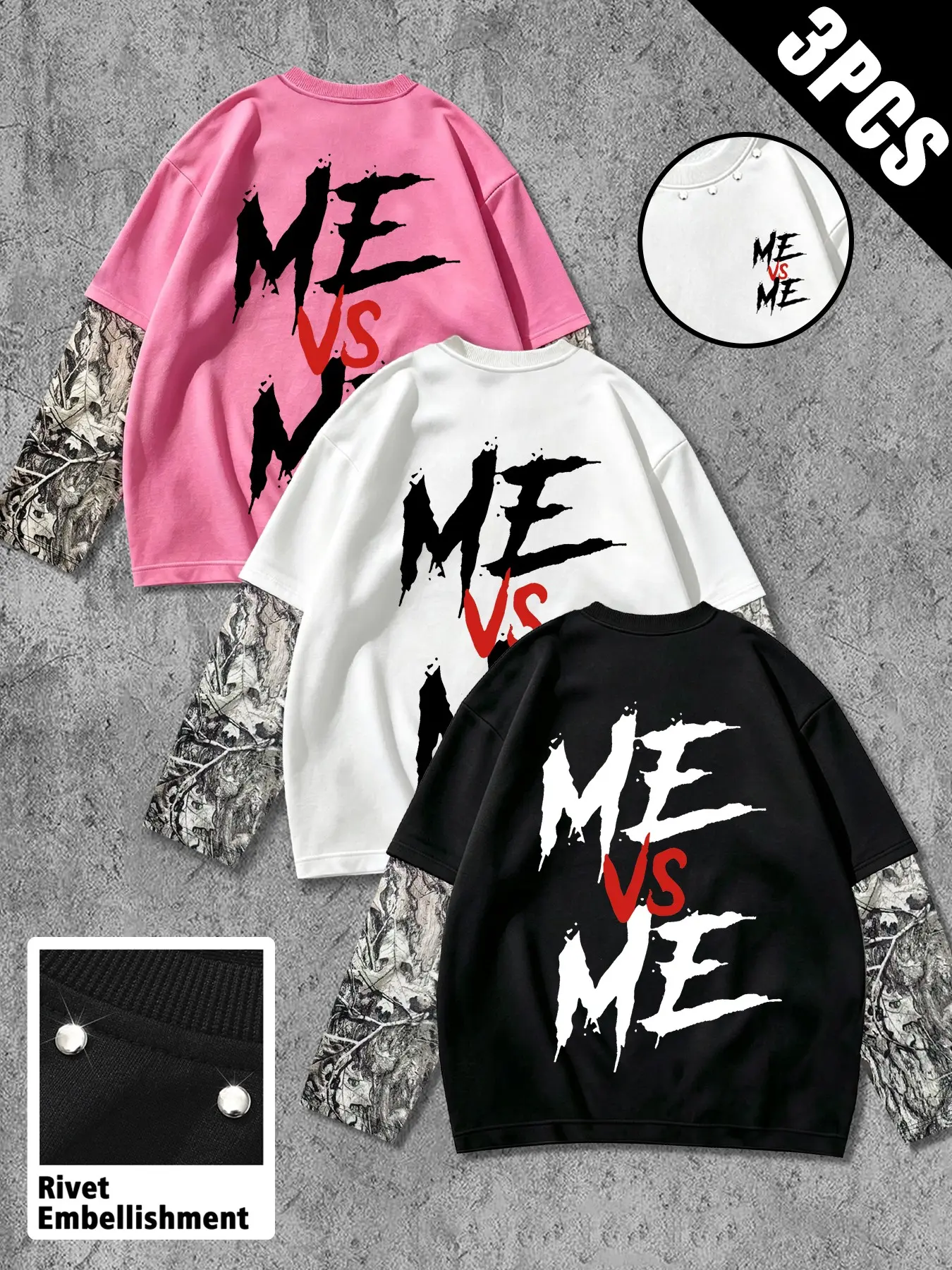 Vintage Y2K Streetwear Men's Three-Piece Set, Rivet-Decorated Long Sleeve, 'me Vs Me' Graffiti Print, Camo Sleeves, Loose Fit, All Seasons