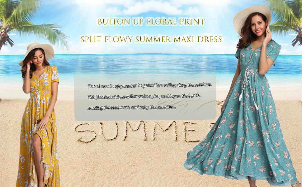 Women's Floral Maxi Dresses Casual Long Summer Boho Beach Dress Short Sleeve Button Up Split Party Dress
