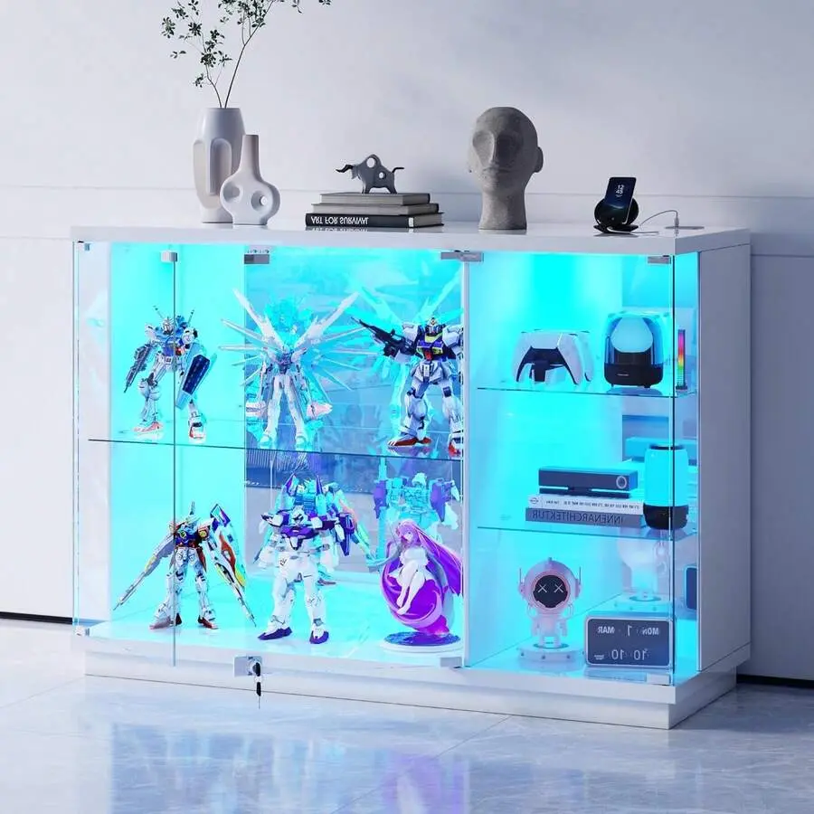 Glass Display Cabinet With Lock & LED Light, Gloss Sideboard With Human Body Sensor & Glass Shelves Toys, Books, Collectibles, Liquor, Bookcase Living Room,, Study, Black