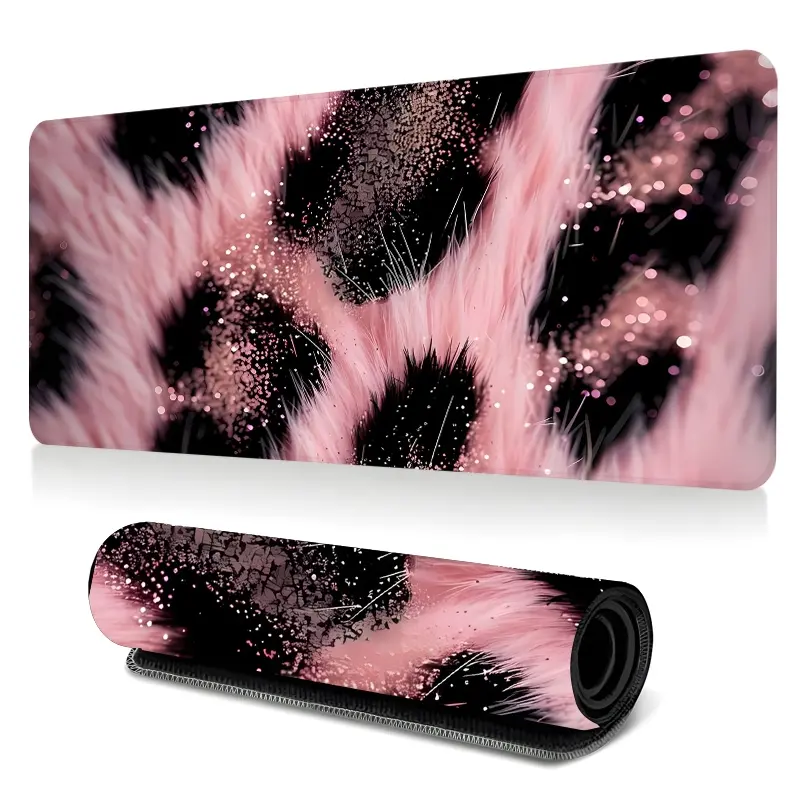 Pink Black Faux Fur Leopard Print Large-Sized Gaming Mouse Pad, 3mm Thickened Sparkly Glitter Desktop Protection Pad, Anti-Slip Rubber Lock Edge High-Definition Printing, Suitable For Computers, Laptops, Offices, Homes, Schools, Great Gift
