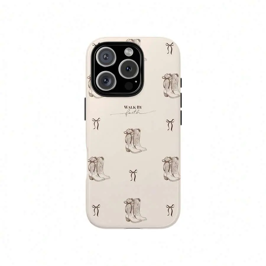 Cowboy Boots Bow Walk By Faith Phone Case Shockproof Protective Cover For iPhone 11 12 13 14 15 16 17 Pro Max Minimal Western Coquette Aesthetic Anti-Scratch Hard Shell, Phone Accessories, Hard Film