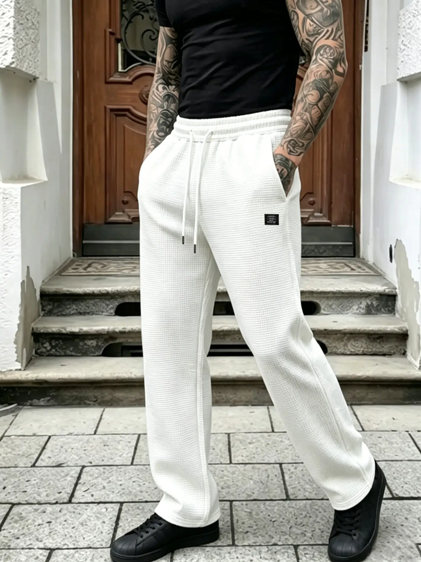 Classic Men's Casual Pants, Waffle Straight Leg, Elastic Waist Drawstring, Hidden Side Pockets, Breathable, Daily Wear