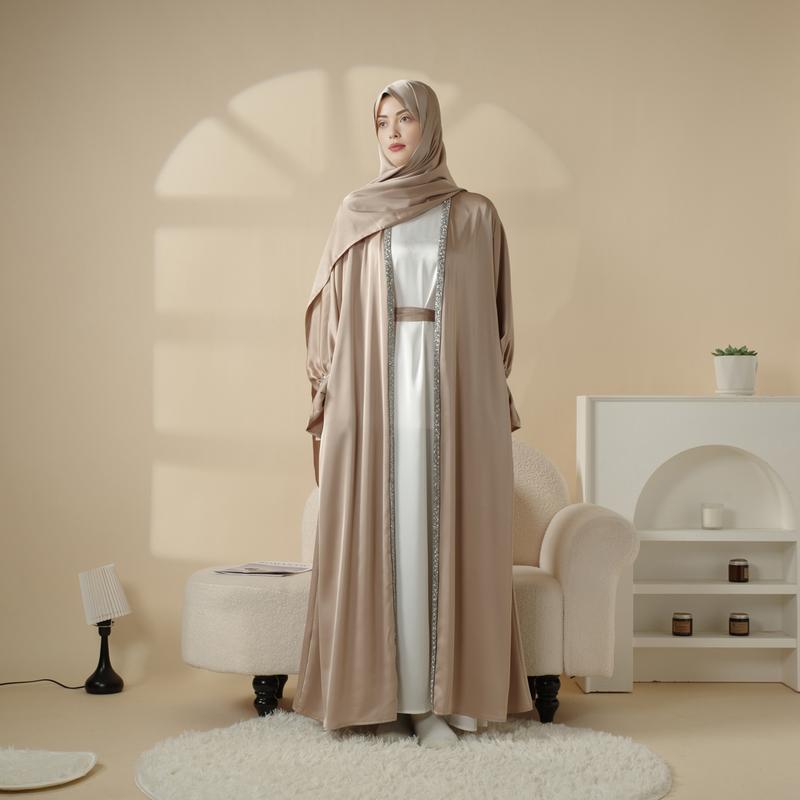 Modesty Muslim Chic Fit Maxi 4-Piece Set: Poet Sleeve Satin Abaya & hijab (MOA009) Formal