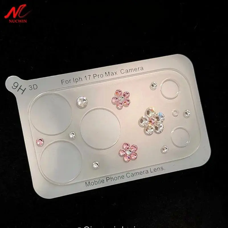 Luxury Bling Diamond 3D Pink Flower Glass Lens Protector for iPhone 17 Pro Max, Hard-Soft Mobile Phone Lens Film, Full-Cover Mobile Accessories for iPhone 17 Pro, Lens Protectors