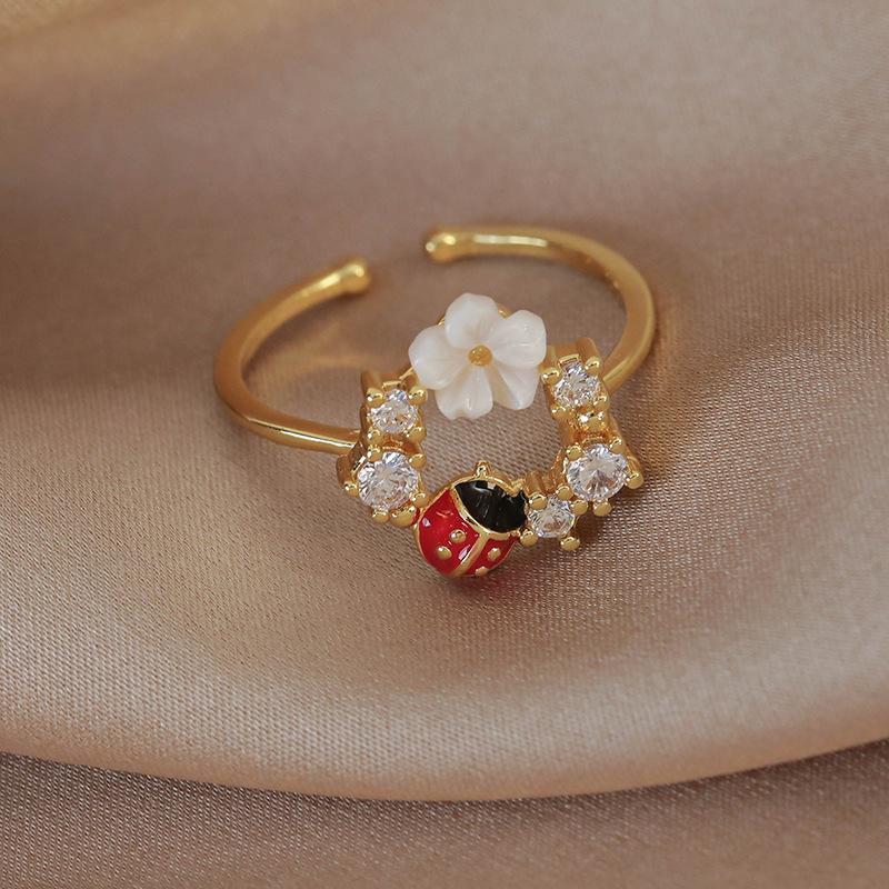 Spring and summer macaron-colored oil-drip flower heart ring with zircon inlay, open niche ring for women, personalized index finger ring