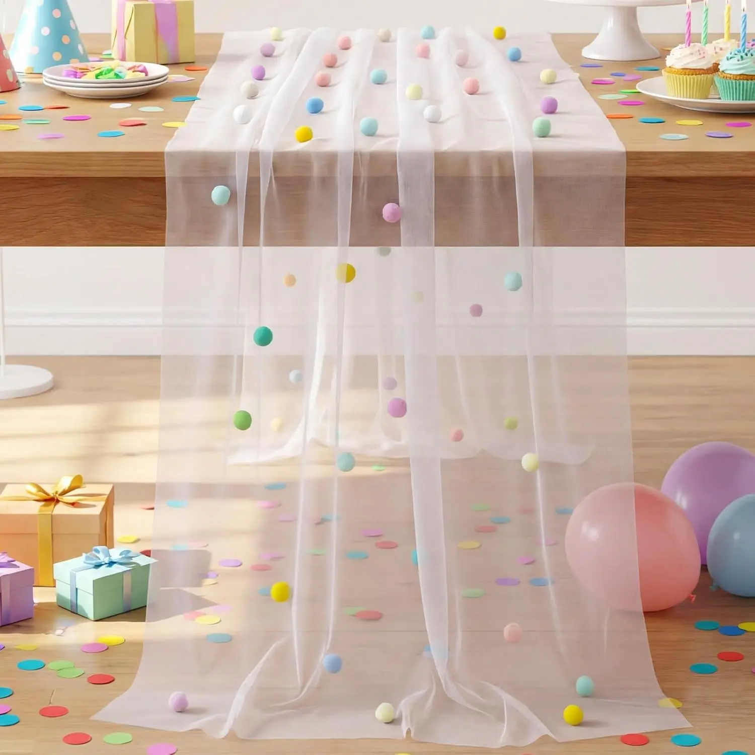 Moukeren 27.5 x 120 Inch 3D Confetti Tulle Table Runner 10 ft Colored Polka Dot Cheesecloth Pastel Table Runner Gauze Rainbow Dining Decor for Birthday Wedding Home Baby Shower(1,Candy Colors)