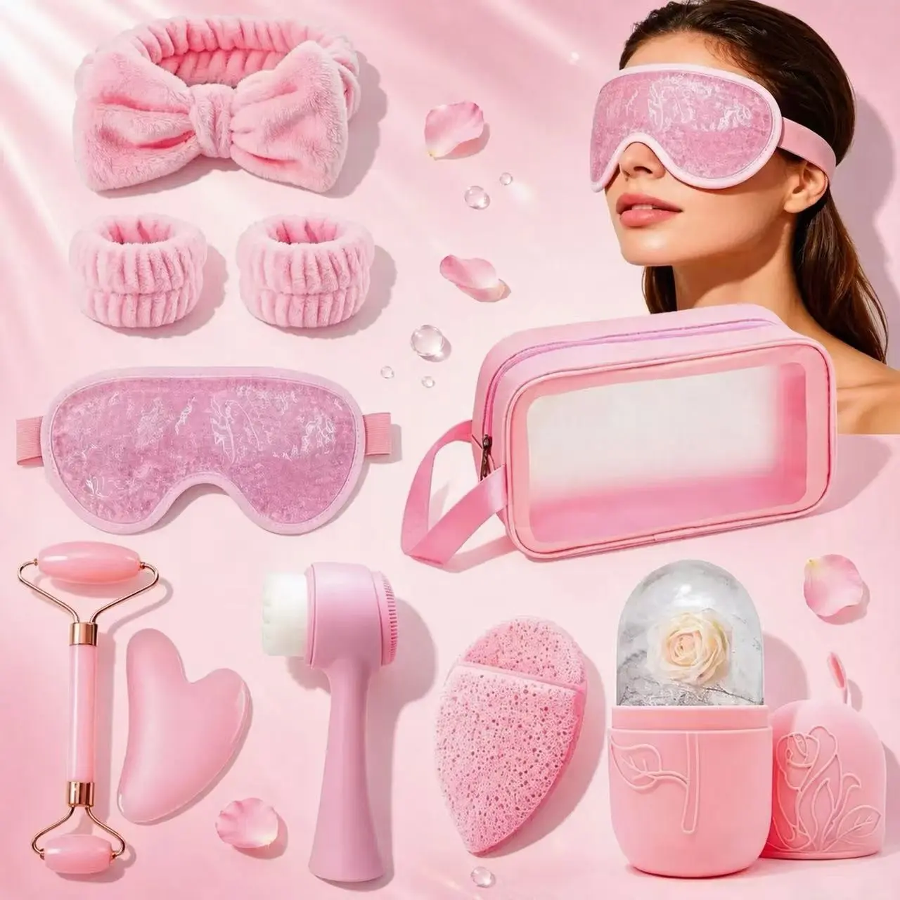 10-Piece Manual Massage Tool Set, Self Care Tools, Includes Face Mask Band, Ice Cube Tray, Facial Roller, Gua Sha Board, Makeup Bag, Portable Beauty Kit