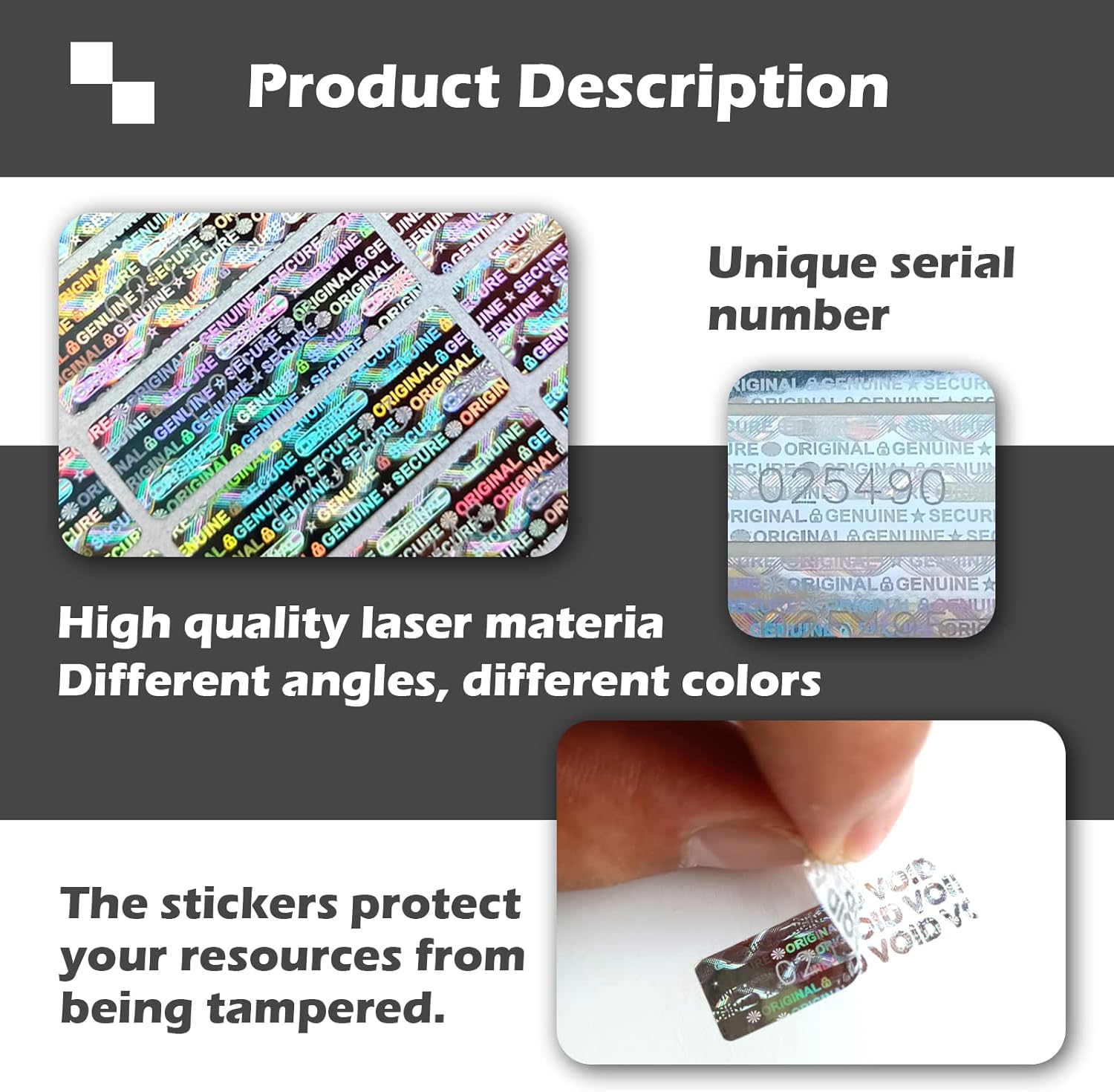 180 count Tamper Proof Hologram Stickers  Seal Genuine Warranty Void Label Tamper evident Seal  Serial Number (1.2x0.4inch)