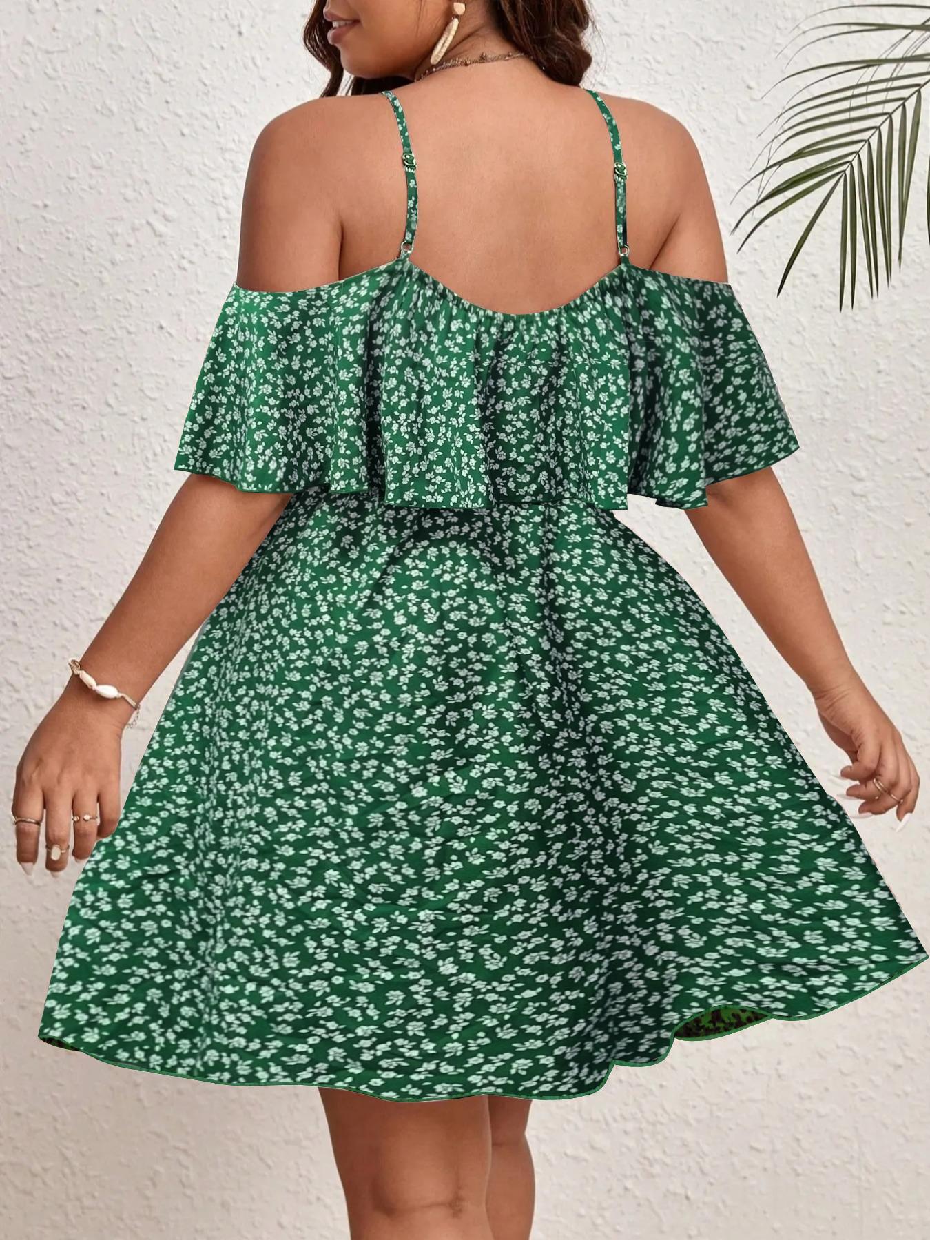 Plus Size Ditsy Floral Print Cold Shoulder Ruffle Trim A Line Dress, Boho Romantic Short Dress for Beach Vacation Holiday, Summer Outfits 2024, Dresses for Women, Women's Clothes for Summer