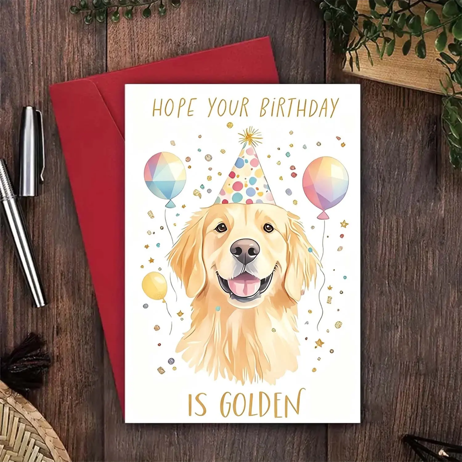 2Pcs (1cards + 1red envelopes) Birthday Greeting Cards Golden Retriever Party Hat Balloon Glitter Golden Blessings Friends Family Suitable for All Holidays