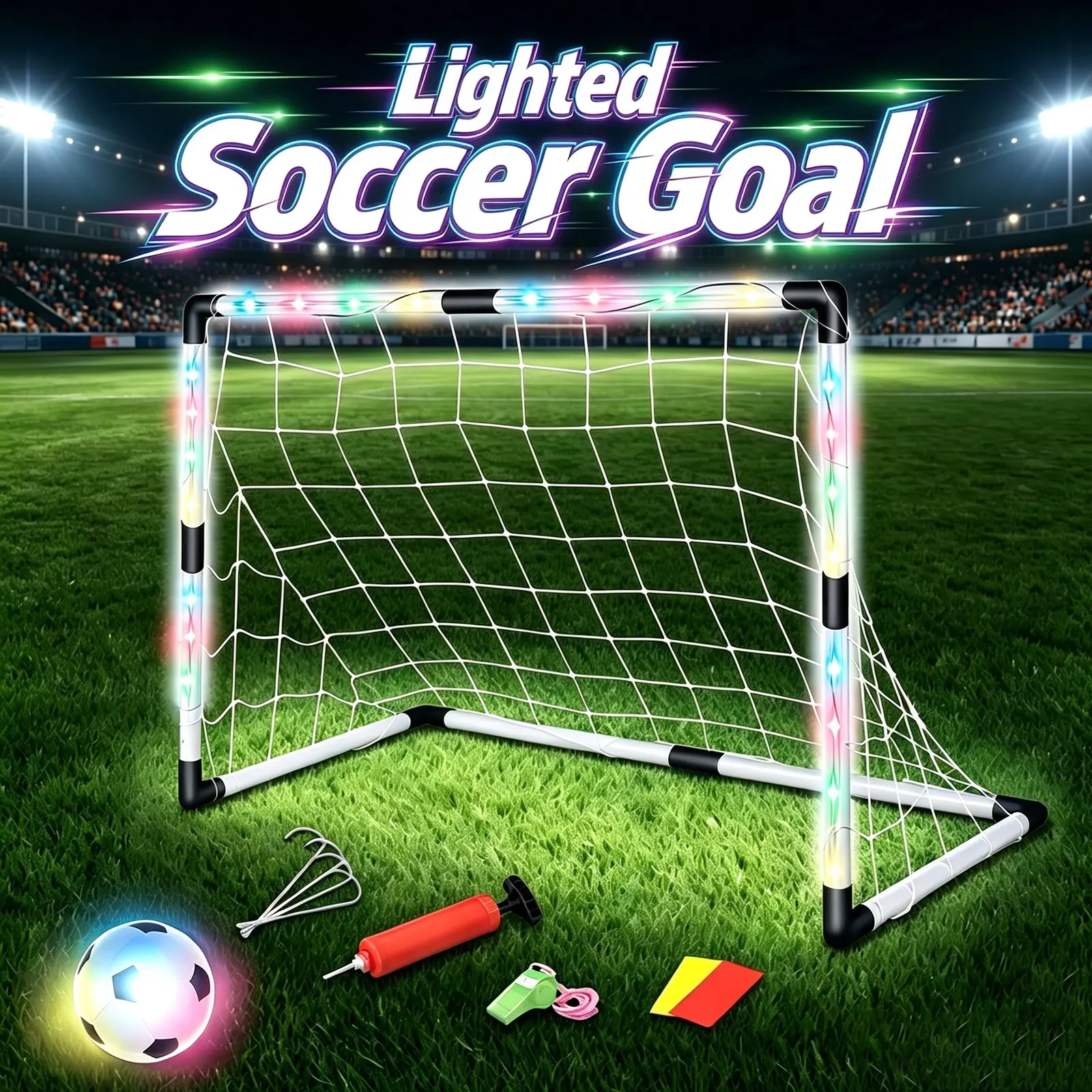 Night Light Soccer Goal Set, Includes Pump, Whistle, Light Up Soccer Ball, Referee Sign, Gift Box, Indoor Outdoor Use, Christmas, Halloween, New Year, Birthday Gift