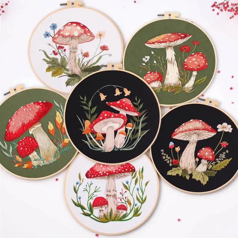 Mushroom Embroidery Cross Stitch Kit for Beginners & Adults, Complete DIY Hand Stitching Set with All-Seasons Fabric and Essential Tools Included