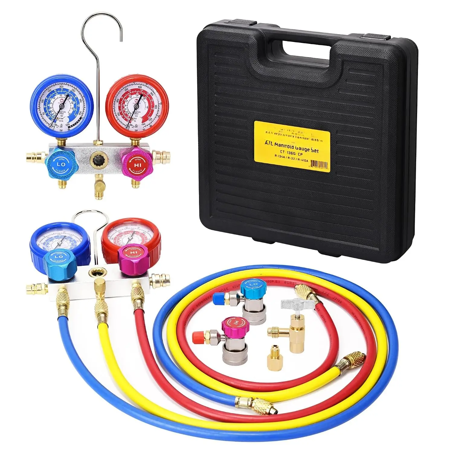 HVAC Gauges AC Manifold Gauge Set for R410a R134a R22 Refrigerant for  AC   3-Way AC Gauges R410a Manifold Set with 4FT Hoses and Gauge Set Auto Recharge Kit