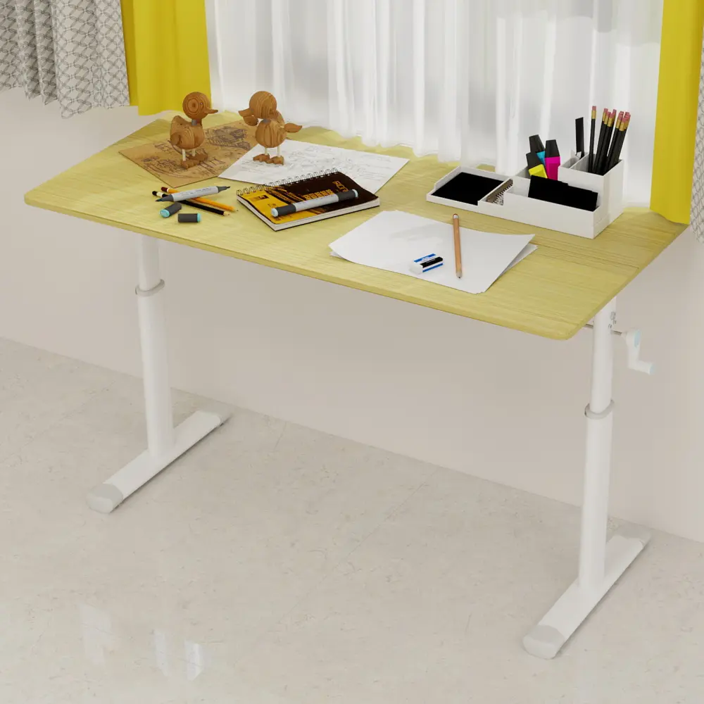 Littleox Adjustable study desk suitable for children and adults, height-adjustable, multifunctional home office desk, compact design, desktop dimensions: 60cm × 120cm, white frame, natural wood-colored tableto