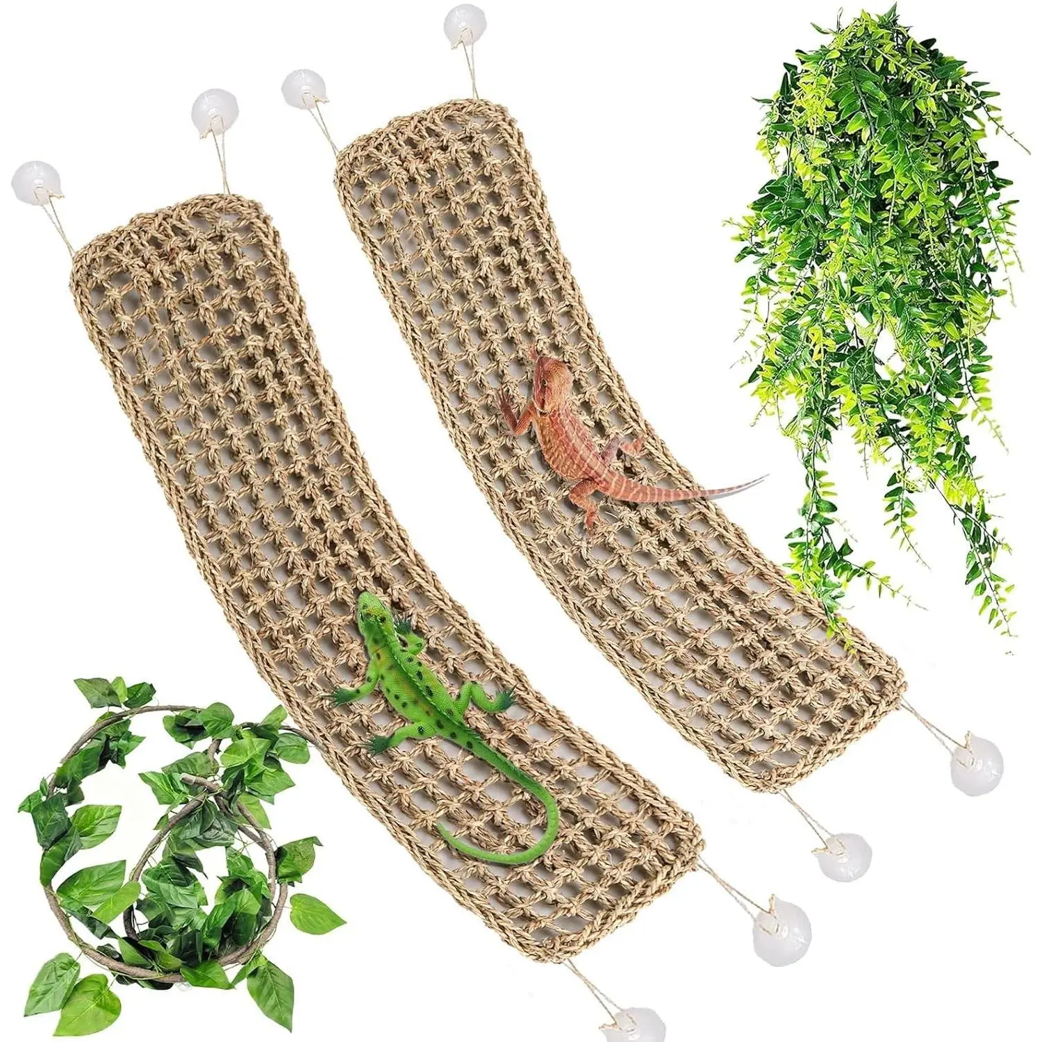 2 Pack Large Bearded Dragon Hammock,30"x7"Lizard Climbing Lounger,Natural Seagrass Reptile Hammocks Tank Accessories with Flexible Vines Jungle Leaves Decor for Geckos Snakes Chameleon