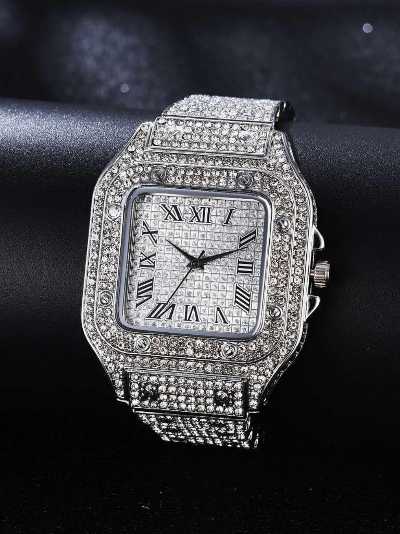 A square-shaped men's quartz watch featuring a starry sky design on the dial, stainless steel strap, diamond embellishments, and Roman numerals, Modern Fashionable Wristwatch, Casual Trendy Wristwatch, Quartz Analog Watches A square-shaped men's quartz watch featuring a starry sky design on the dial, stainless steel strap, diamond embellishments, and Roman numerals, Modern Fashionable Wristwatch, Casual Trendy Wristwatch, Quartz Analog Watches
