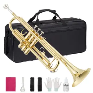Professional Bb Trumpet for Beginners and Students – Gold Lacquer Brass Instrument, Rich Tone, Durable Build, Includes Mouthpiece, Protective Cover, Cleaning Kit, Gloves, Polish Cloth – Complete Starter Set