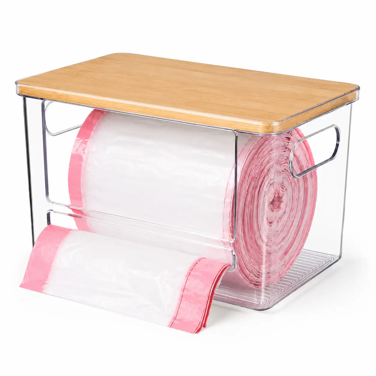 Acrylic Trash Bag Holder with Bamboo Lid & Carrying Handles, Wall & Cabinet Mount Garbage Bag Roll Dispenser, Space-Saving Organizer for Kitchen, Laundry Room & Under Sink Storage