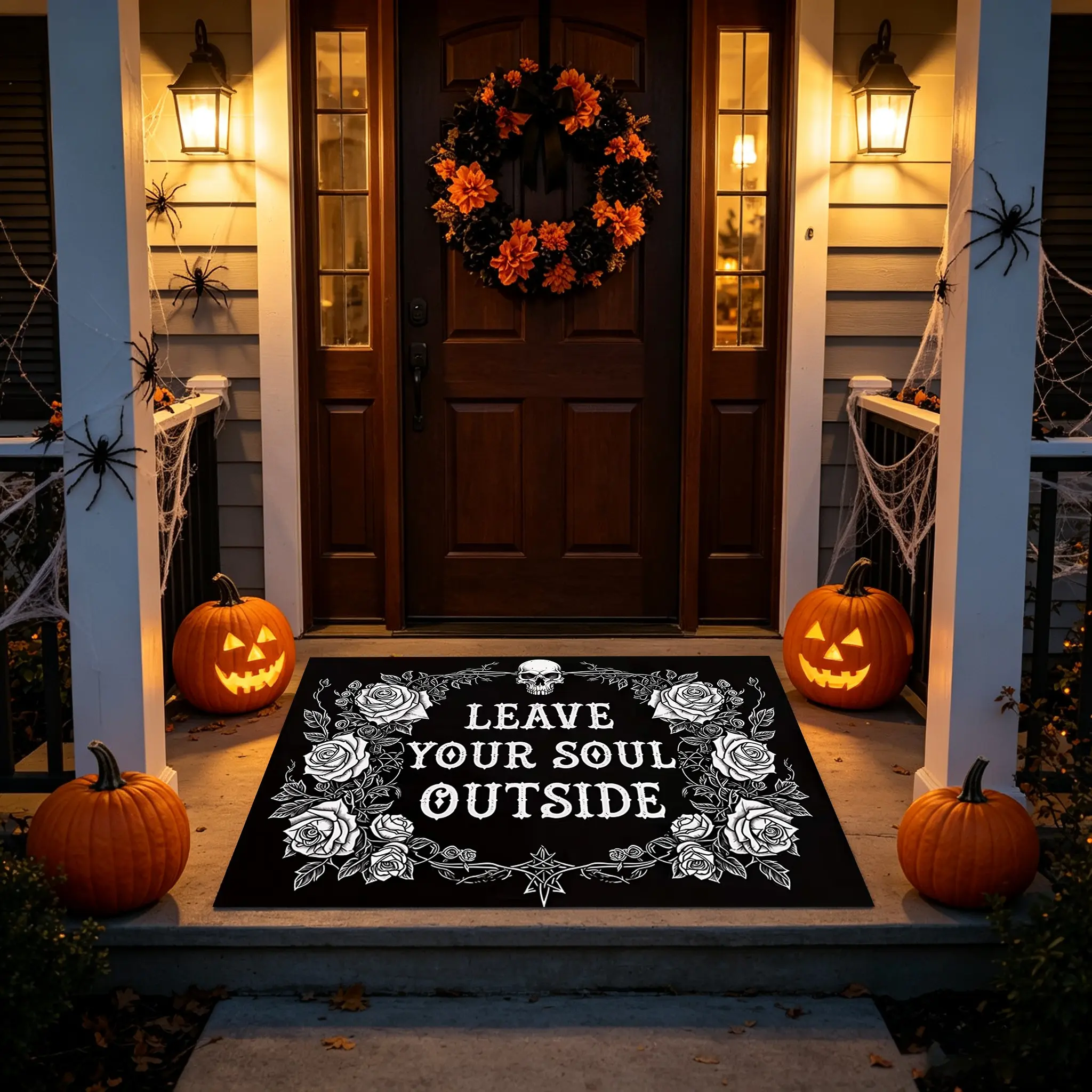American Vintage Tattoo Skull Rose Star Rug, Dark Gothic Skull Rose Circle Door Mat, Halloween Decoration Entrance Carpet