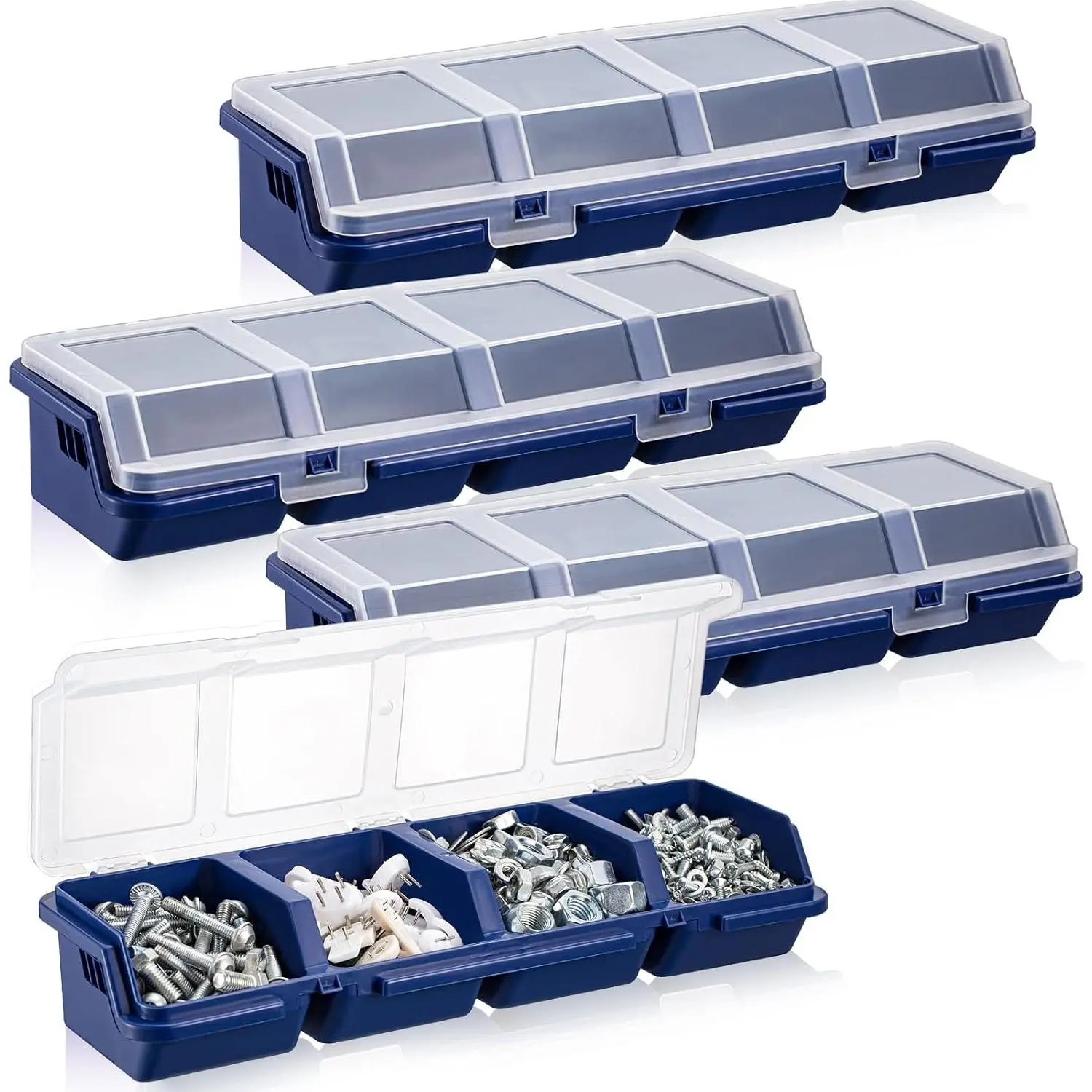 4 count Screw Organizer Box with Lid 4 Compartments Small  Organizer Plastic Stackable Nut and Bolt Hardware Storage Tool Bin Divider Sorting Screw Box for Workbench Garage (Blue)