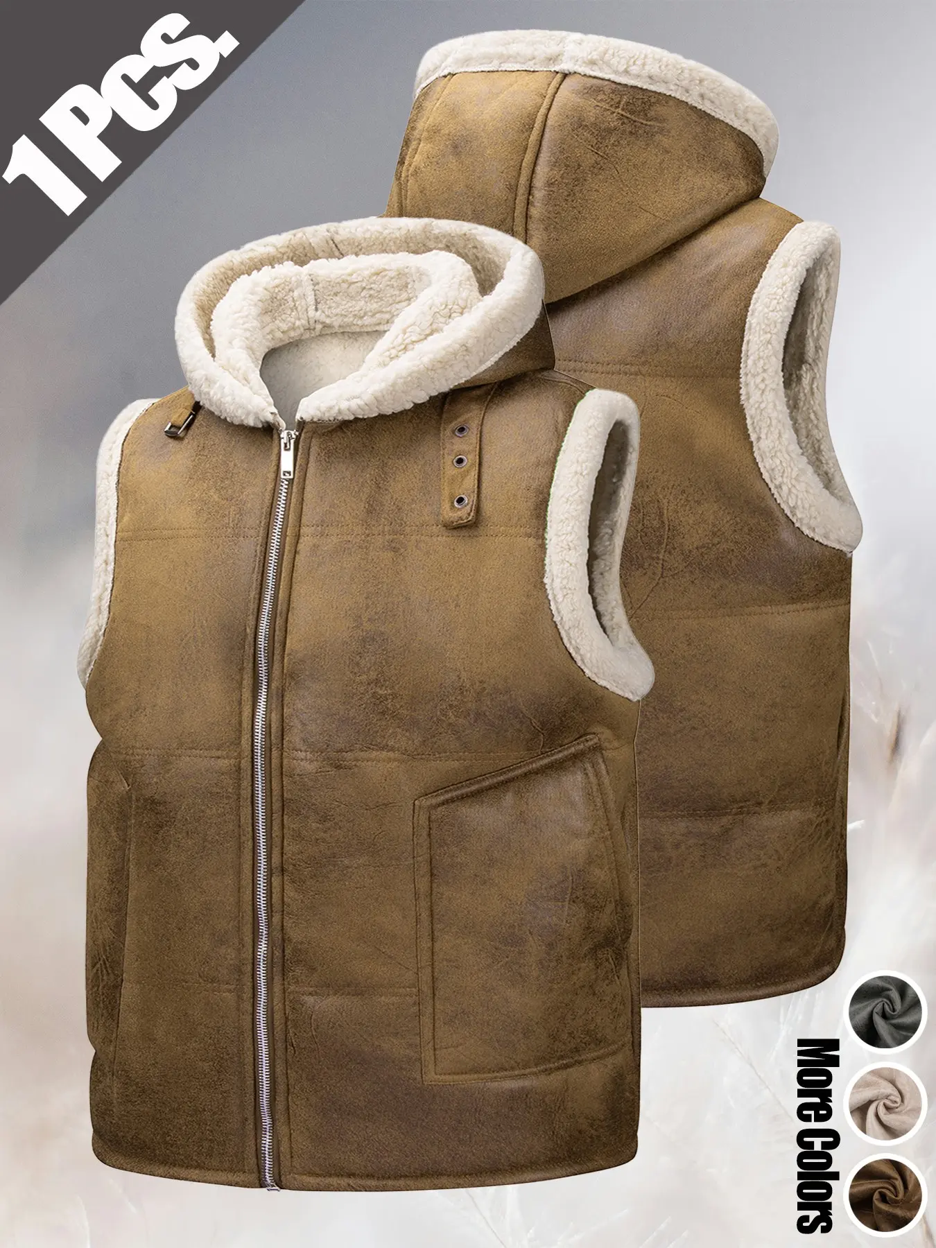 Men's Must-have Trendy Loose Breathable Fleece Lined Warm Faux Fur Integrated Hooded Vest Gilet Windproof Sherpa Outerwear Versatile Casual Sleeveless Jacket for Daily Commute Wild Adventure Hiking Mountain Trekking and Daily Outdoor Casual Outfits