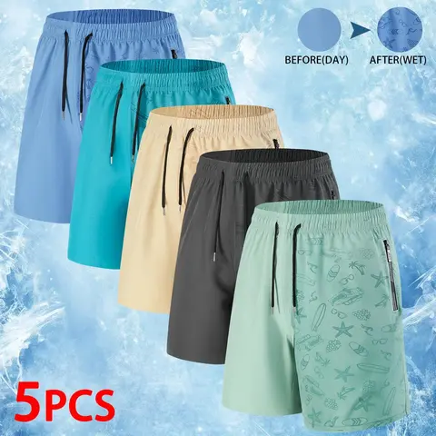 Men's 5-Piece Above-the-Knee Board Shorts - Color-Changing, Quick-Dry, Elastic Waist with Drawstring, Thermal-Sensitive, Zipper Pockets, No Excess Bulk Casual Beachwear for Swimming, Surfing
