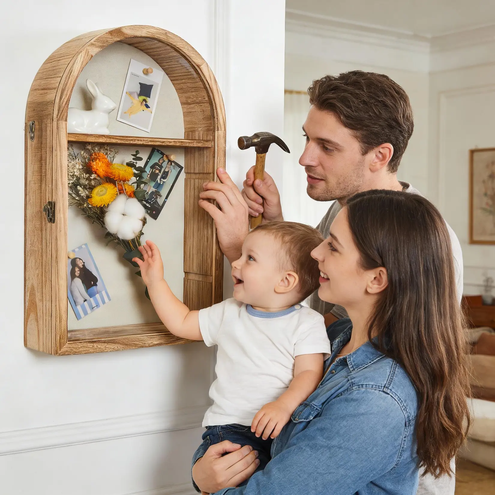 Wood Shadow Box Display Frame with Acrylic Front, Vintage Arch Shadow Box Memory Display Case for Photos, Medals and Keepsakes, Removable Shelves for Photos, Medals, Flowers, Keepsakes