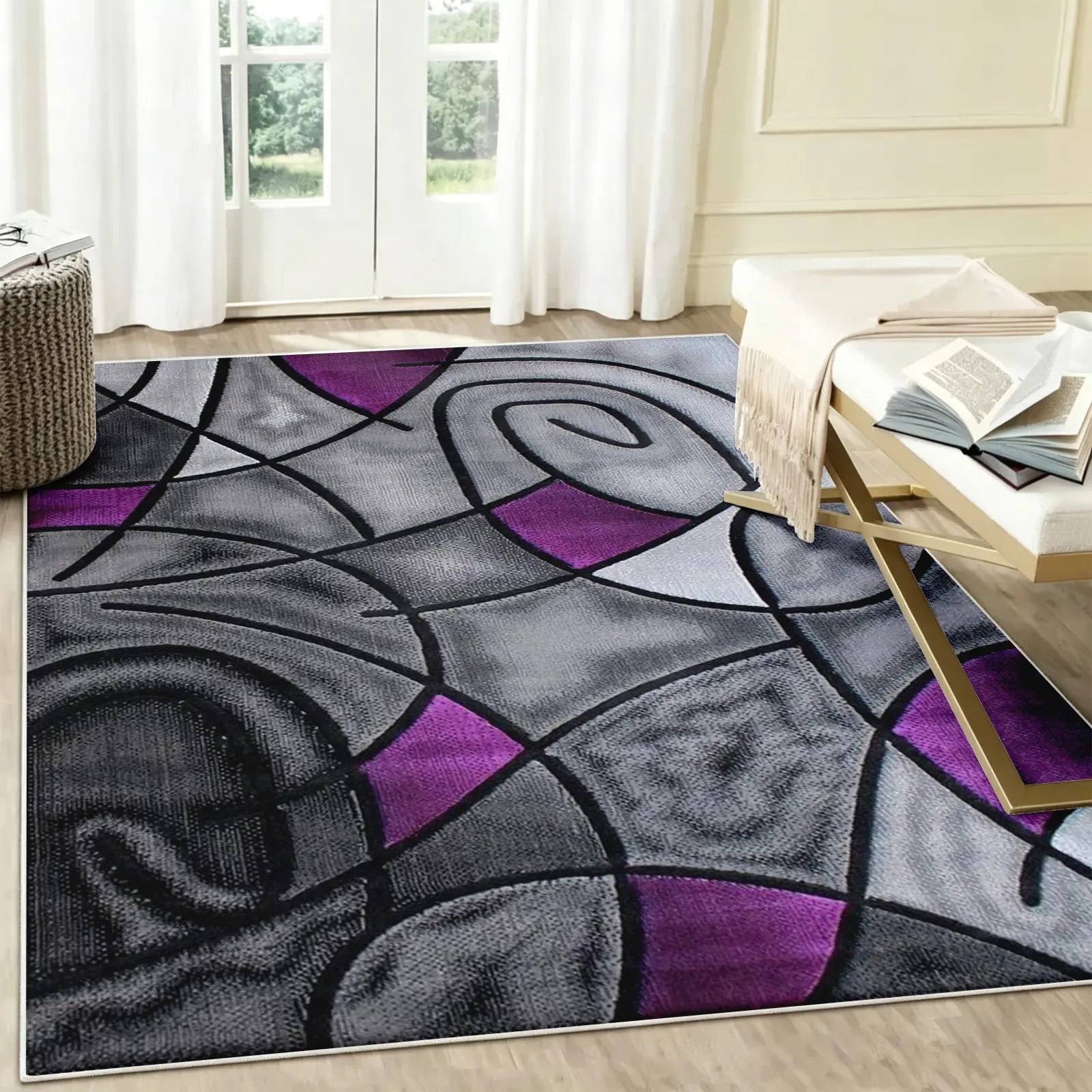 1pc 8x10 ft Abstract Gray Purple Area Rug , Modern Swirl Geometric Pattern , Cozy Plush Soft Faux Cashmere , Heavy Duty Non Slip TPR Grippy Base , Living Room & Bedroom Deocr , Rugs For Living Room , Bedroom , Dining Room , Aesthetic Room Decor