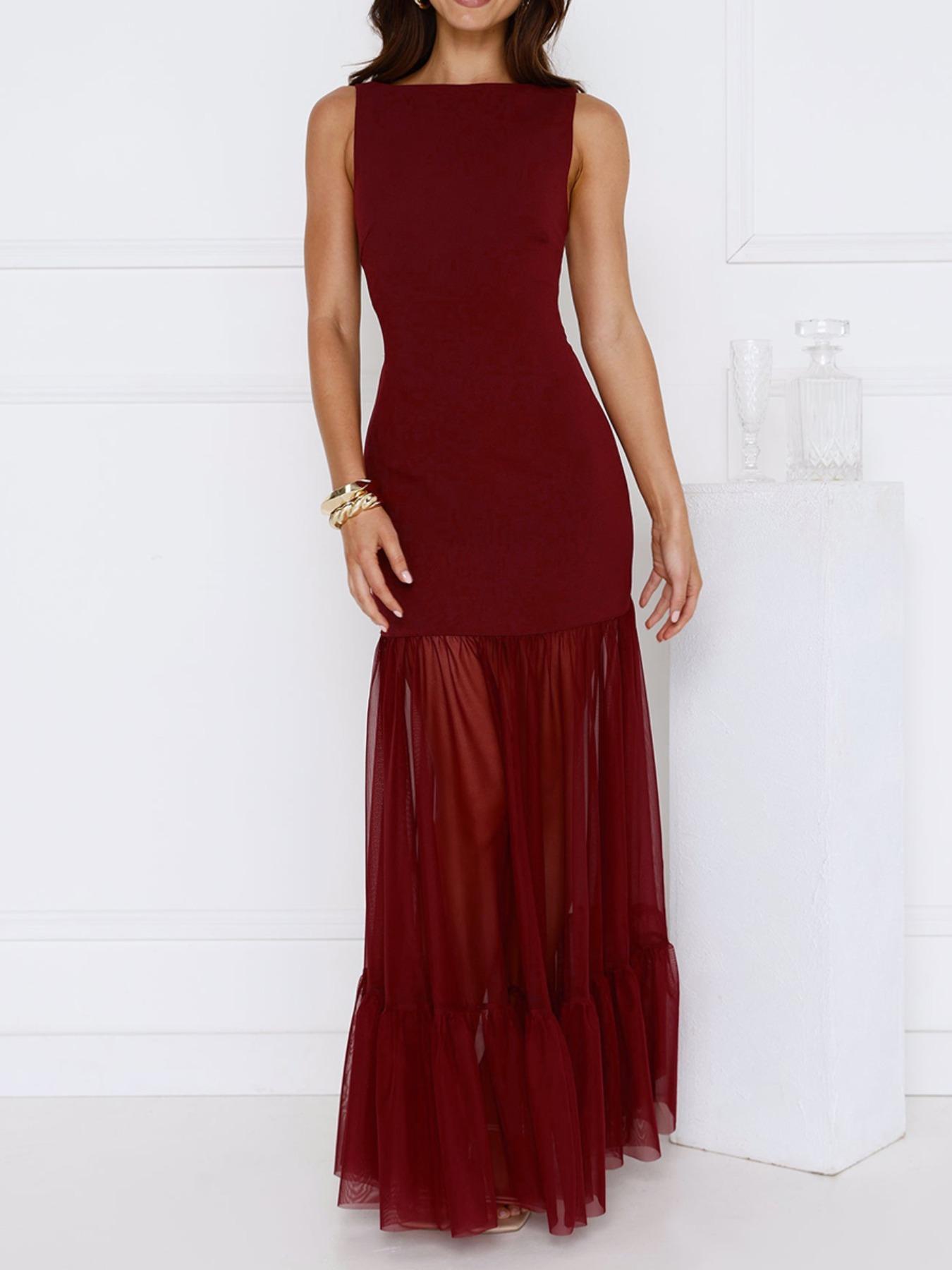 Elegant Backless Tull Slim Evening Party Dress Solid Women Wedding Guest Dress Gown