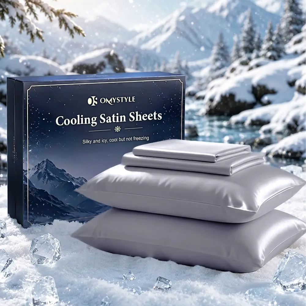 OS OMYSTYLE Set Of 3/4 Cooling Satin Bed Sheets, Featuring Luxurious And Smooth Solid Color Sheets With Deep Pockets, Ideal For Hair And Skin, Breathable, Double Stitched, Wrinkle Resistant, Cooling Bedding Perfect For Summer, Hotel Quality