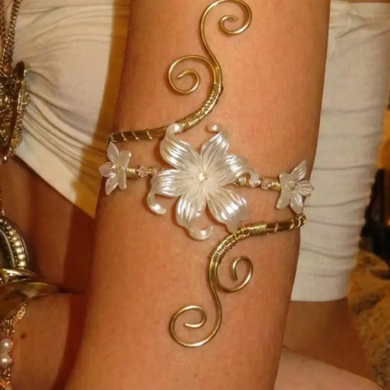 French Lily Flower Armlet, Sweet Cool Style, Wrap Design, Resin Pearl Flower, No Wear Restriction, Unique Fashionable Jewelry