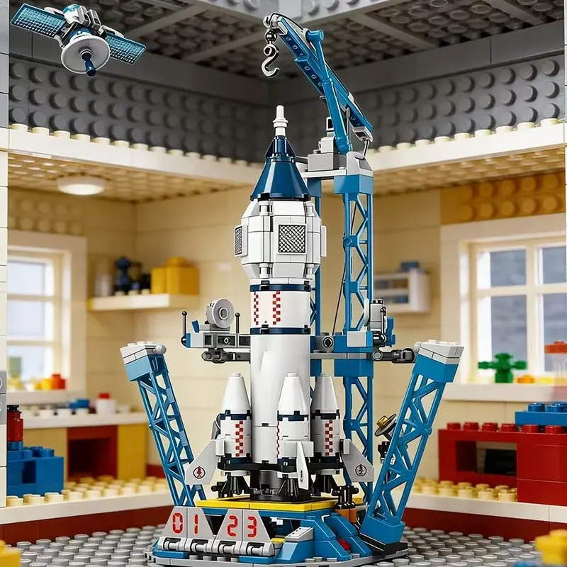 Blue Aerospace Rocket Building Blocks, Educational Toy Spaceship Rocket, Puzzle Construction Set, Kids Building Block Gift