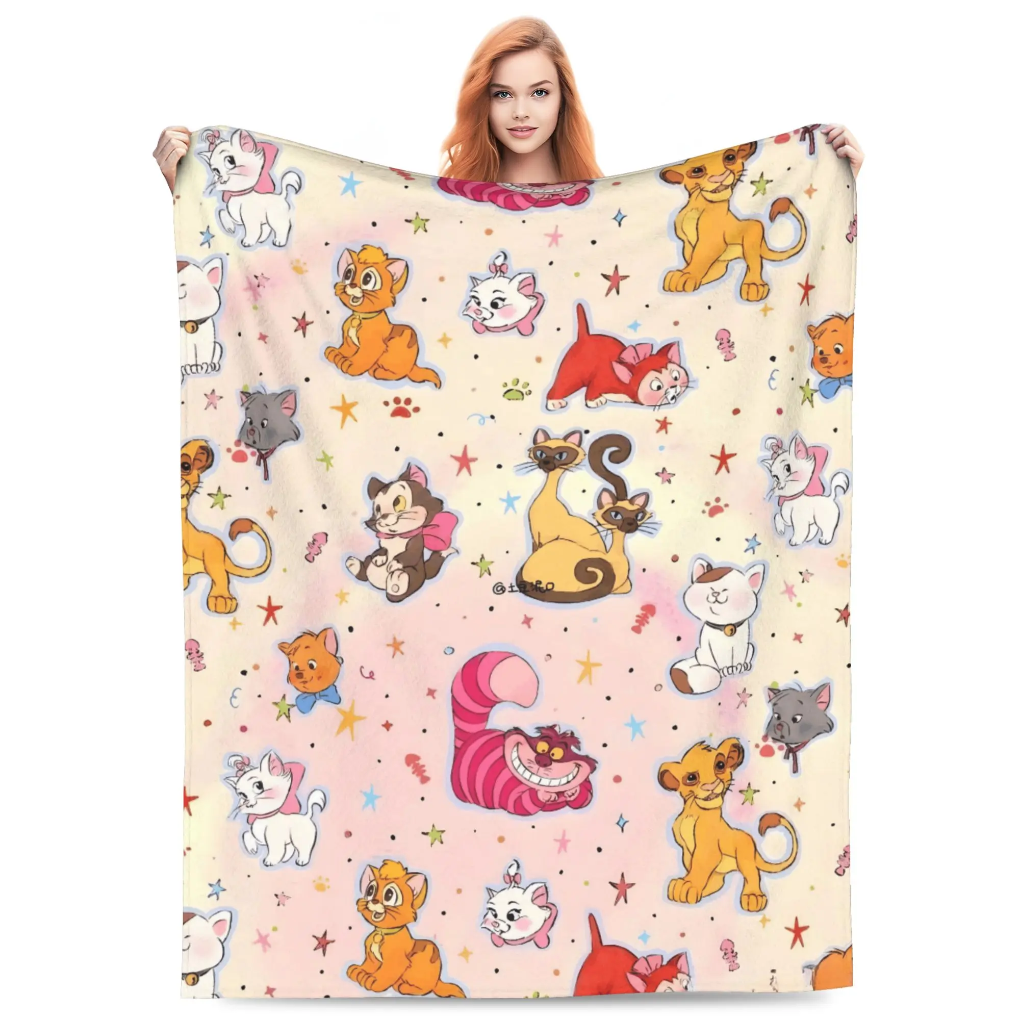 DISNEY CLASSIC Cats Collage Throw Blanket, Marie Cheshire Cat Simba Cute Cartoon Kitten Star Paw Print Cream Background, Soft Flannel Lightweight Cozy Blanket for Sofa Bed Kids Home Decor