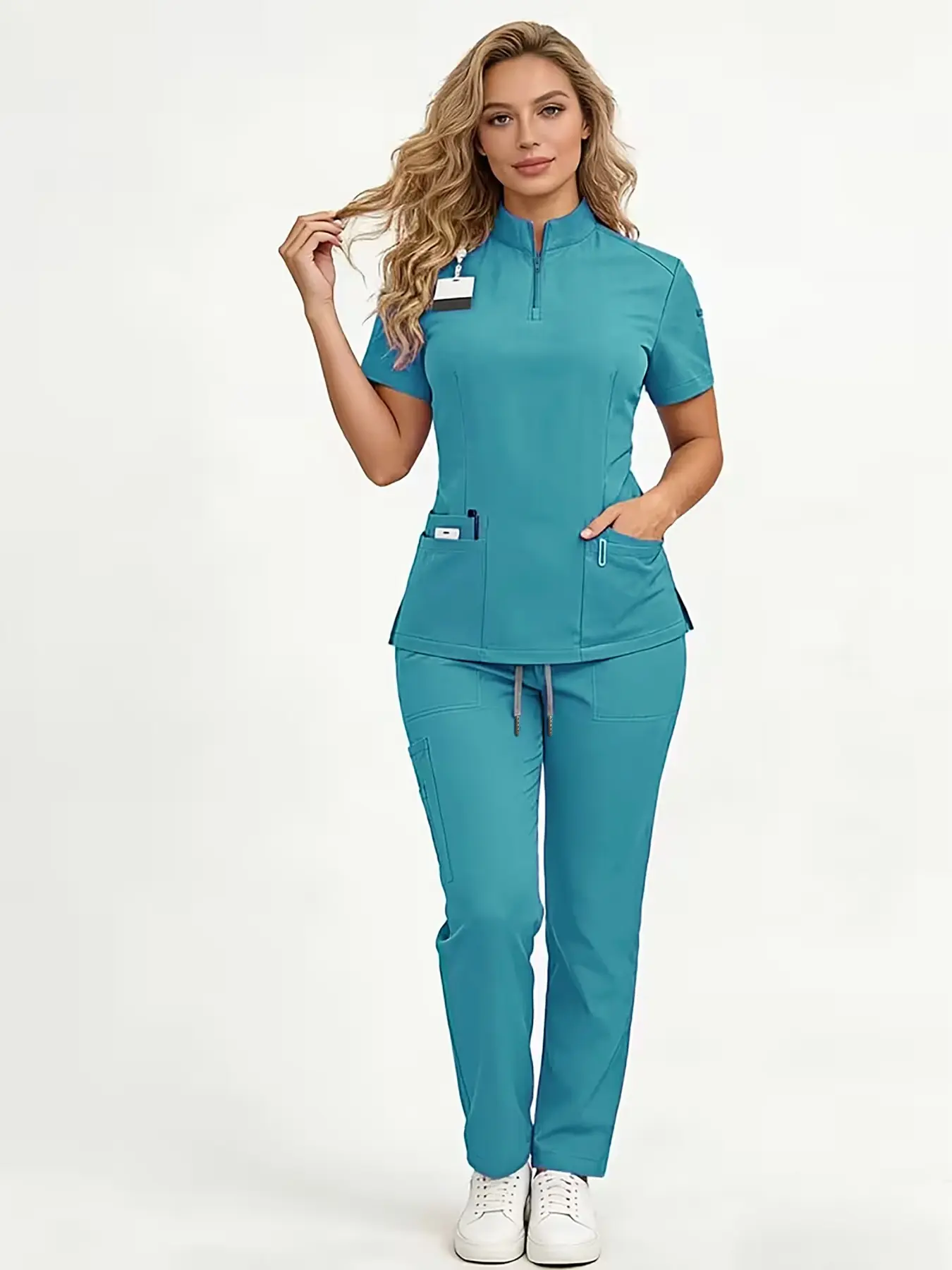 High-End Elastic Medical Uniform Set, Short Sleeve Stand Collar Multi-Pocket Nurse Workwear Adjustable Drawstring, Large Size Beauty Salon Nurse Clothes, Hospital Working Scrubs