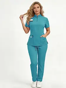 High-End Elastic Medical Uniform Set, Short Sleeve Stand Collar Multi-Pocket Nurse Workwear, Large Size Beauty Salon Nurse Clothes
