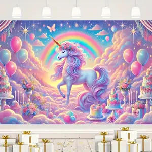 Whimsical Unicorn Birthday 2D Flat Banner, Single-Sided Polyester Backdrop with Metal Grommets, Rainbow Stars & Balloon Design, Girls Birthday Party Photo Booth Background