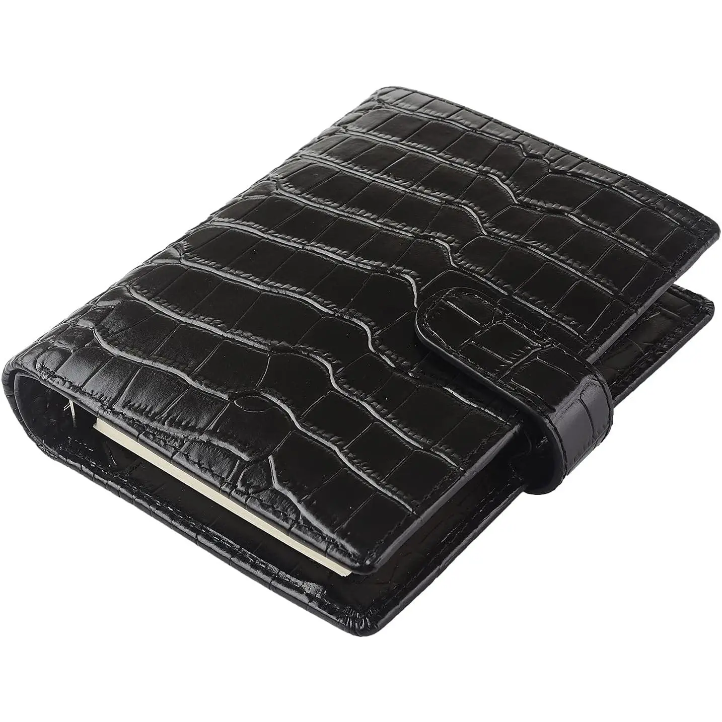 Budget Binder,Leather Rings Planner, 6-Ring Pocket Organizer Notebook Cover (Croco-Black)