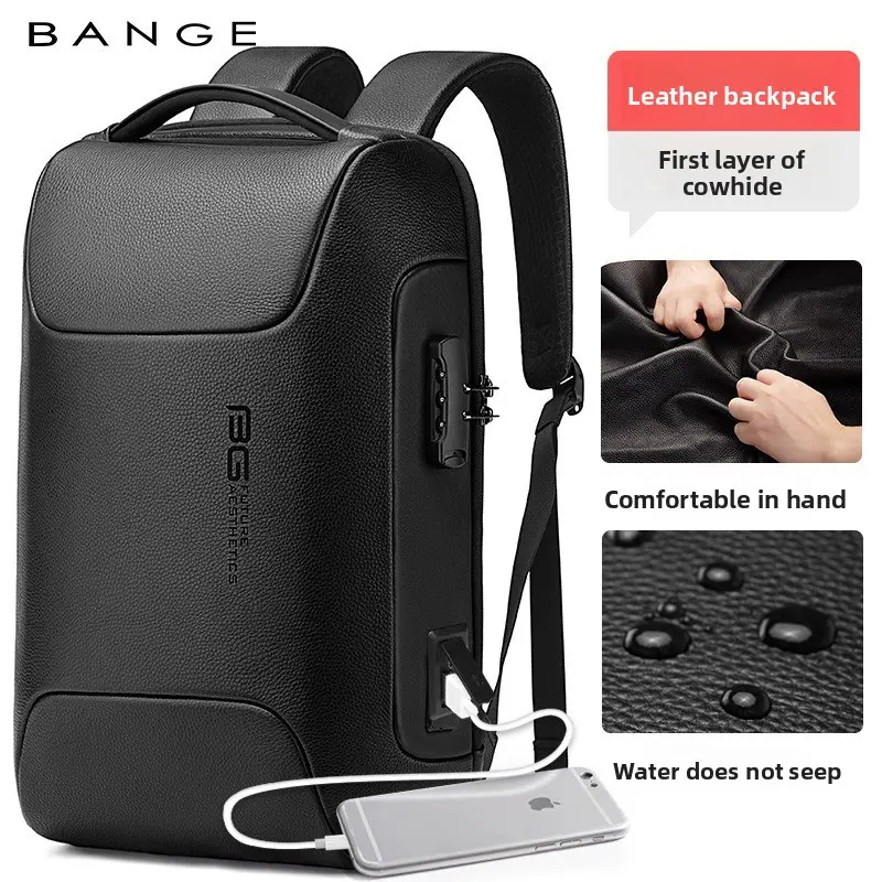 BANGE backpack new men's leather bag business backpack waterproof large capacity commuter computer backpack