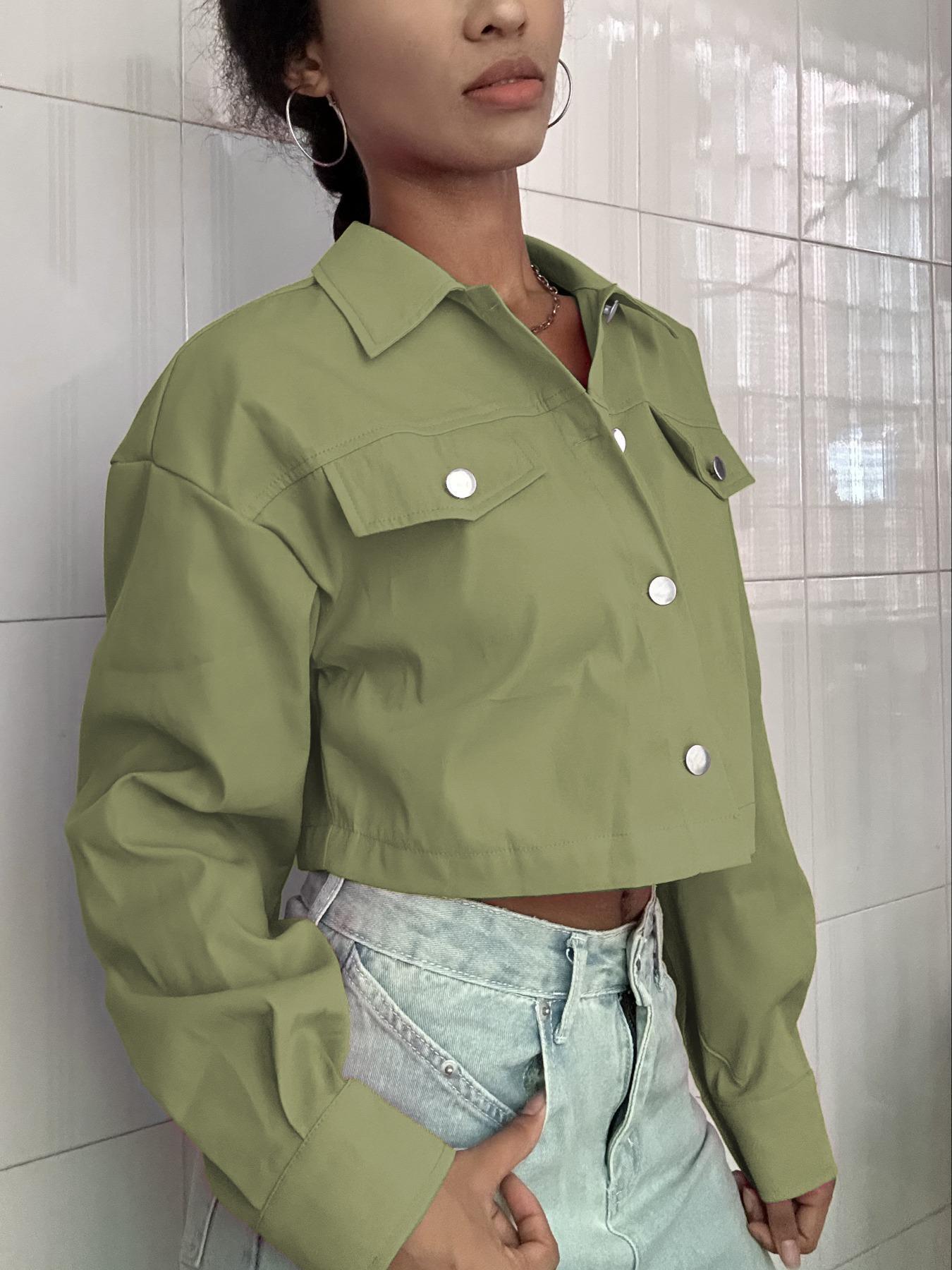 Women's Solid Button Front Drop Shoulder Crop Jacket, Casual Long Sleeve Collared Coat for Fall & Winter, Ladies Clothes for Daily Wear,Jackie's ExclusivePick, LimitedAvailability on Live
