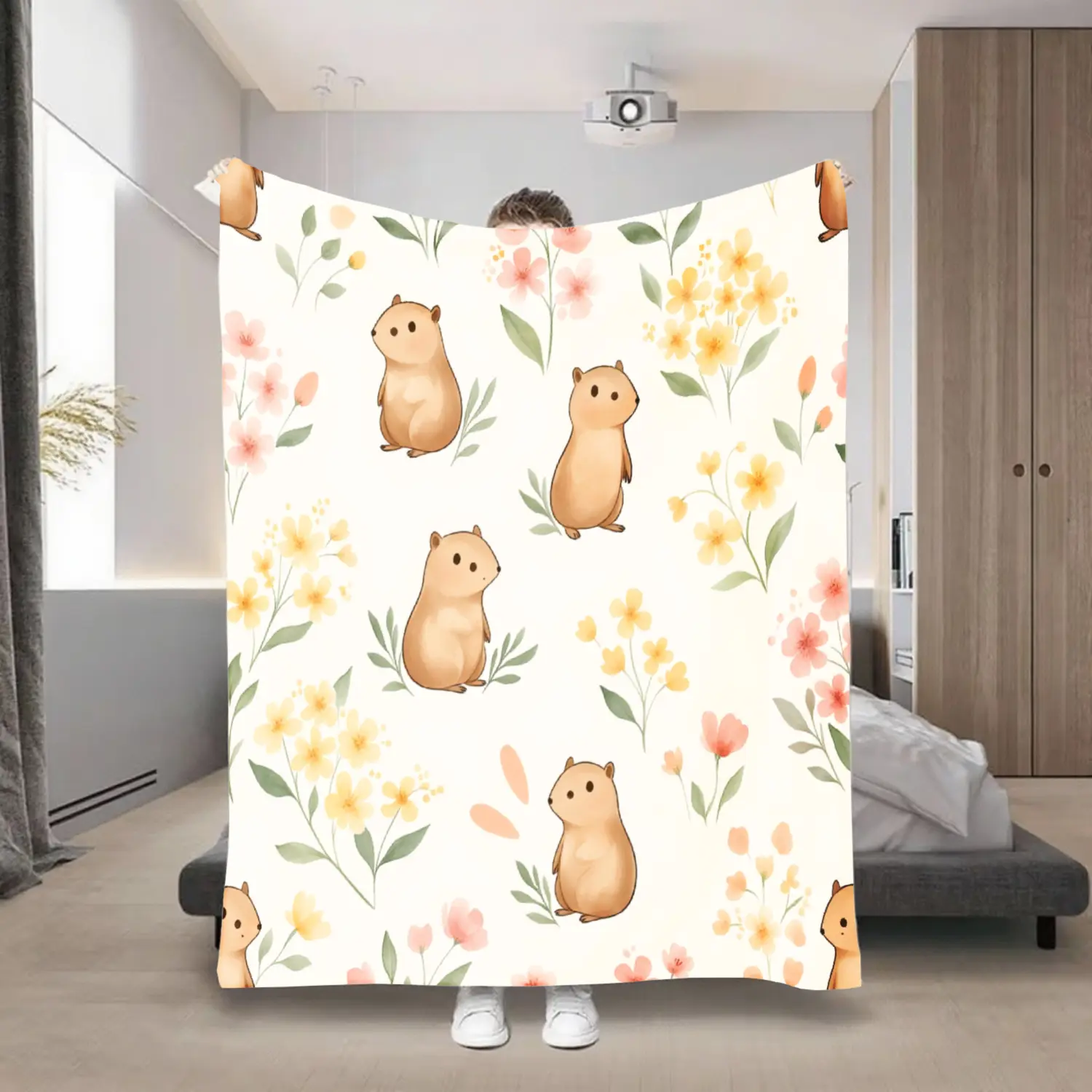 1Pc Cozy Breathable Flannel Throw Blanket, Soft Warm All Seasons Bedspread with Cute Hamster Flower Leaf Animal Pattern, Machine Washable for Bedside, Couch, Children - Contemporary Multicolor, Animals