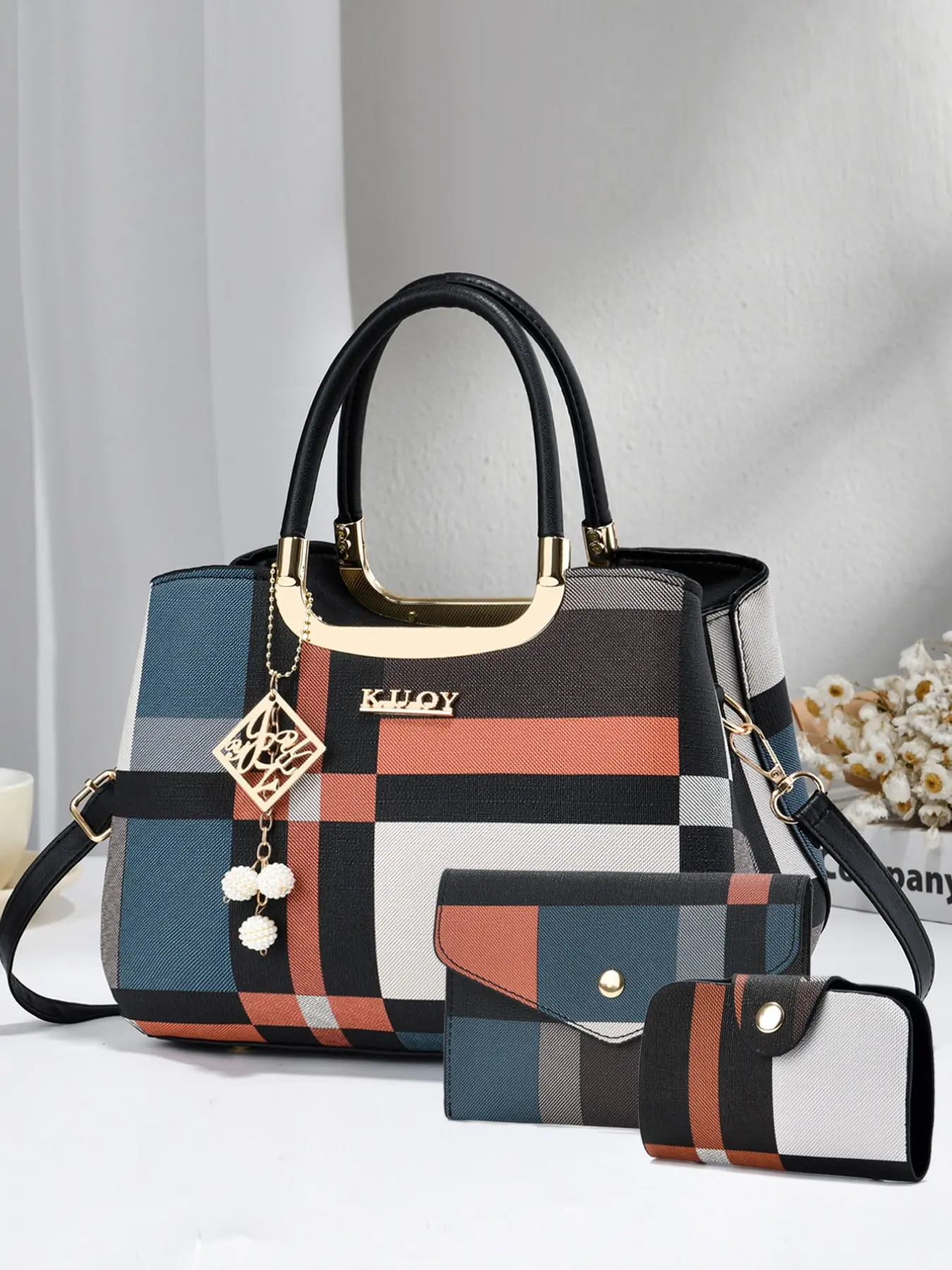 3 Piece Women's Plaid Handbag Set, Fashion Colorblock Tote Bag, Crossbody Shoulder Bag with Wallet Card Holder, Daily Commute Essentials