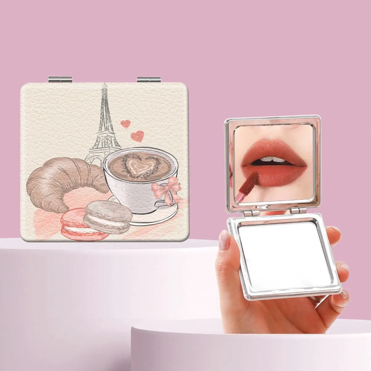 Cute Tower Heart Coffee Bread Makeup Mirror, Foldable Mini Handheld Mirror, Perfect Gift for Sisters, Friends, Girls, Weddings, Holidays