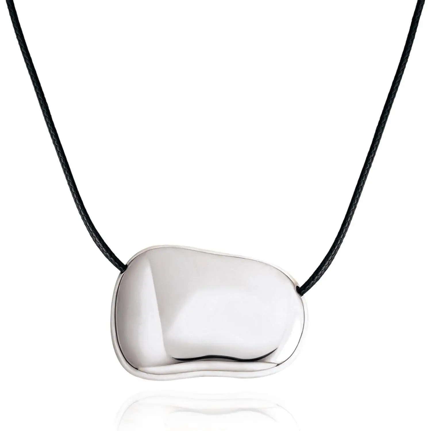 Silver Plated Pebble Pendant Necklace for Women,Chunky Silver Bean Necklace,Large Charm Pendant Necklaces,Black Cord Statement Necklaces