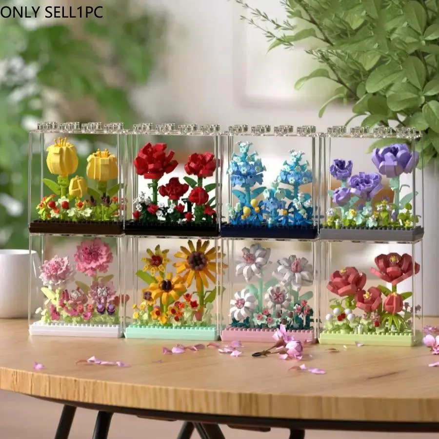 Eternal Flower Building Block Set, DIY Floral Model Toy, Sunflower, Carnations, Roses, Gardenia, Mother's Day Gift, Room Decor, Desktop Ornament